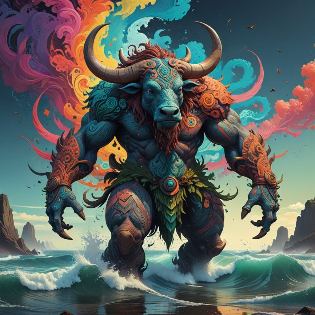 Minotaur in Vibrant Fractal Landscape
