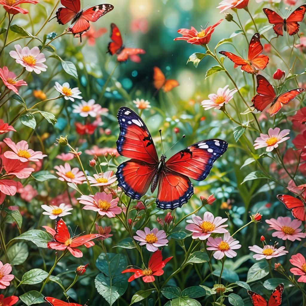 Red Butterfly on Flower in Abstract Oil Painting