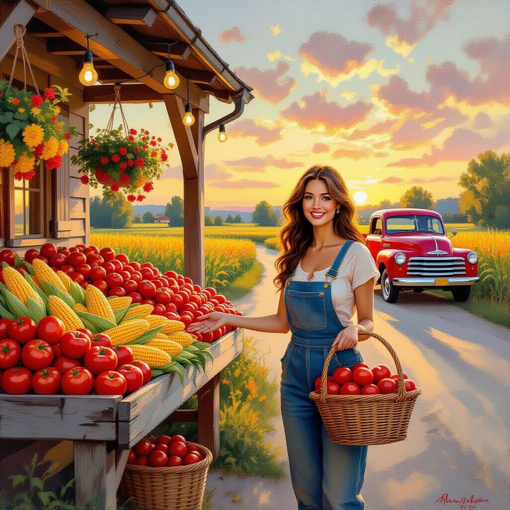 Impressionistic Farmstand at Sunset: Nostalgic Oil Painting