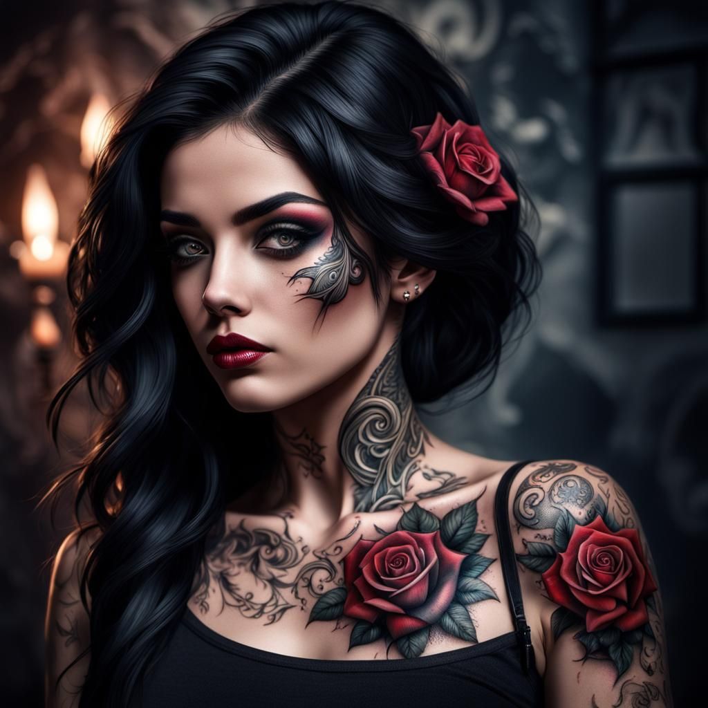 Hyperrealistic Bombshell with Rose Tattoo in HDR