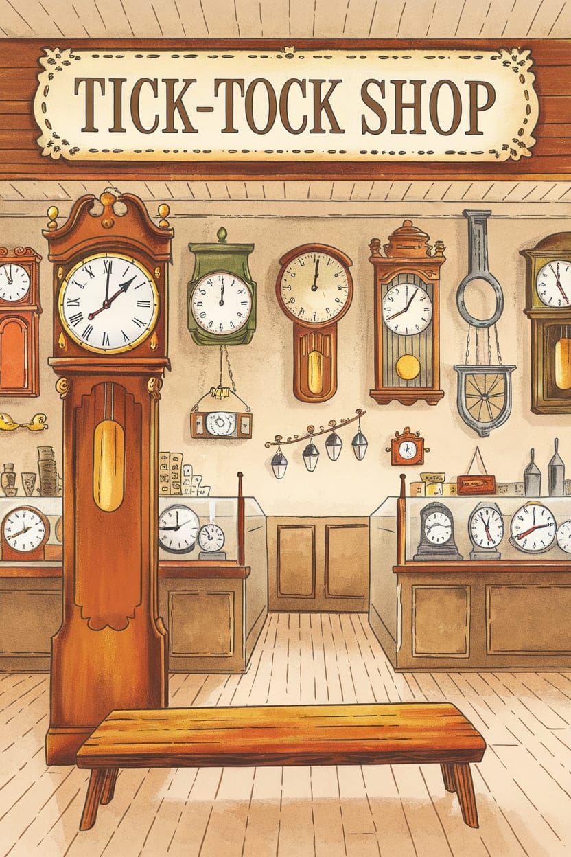 Charming Storybook Clock Shop Illustration