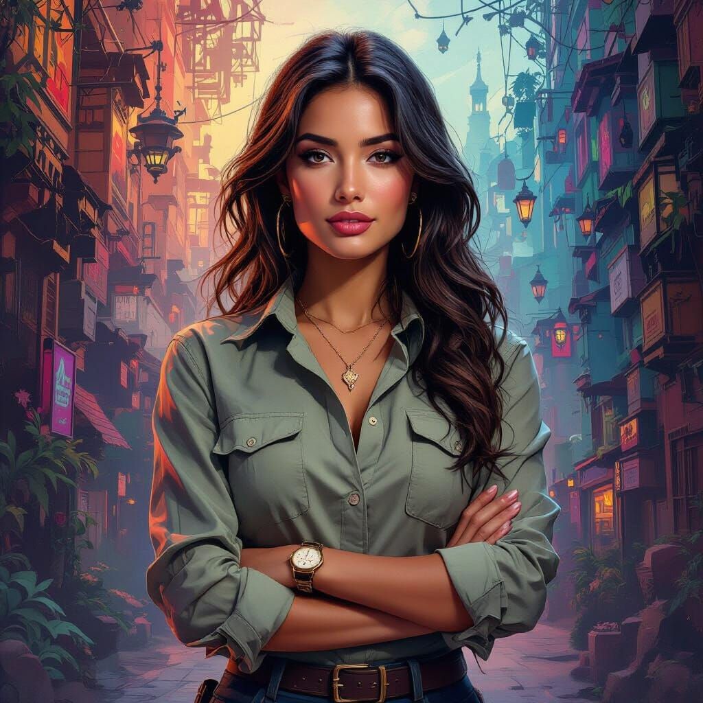 Determined Woman in Vibrant Fantasy Art Style