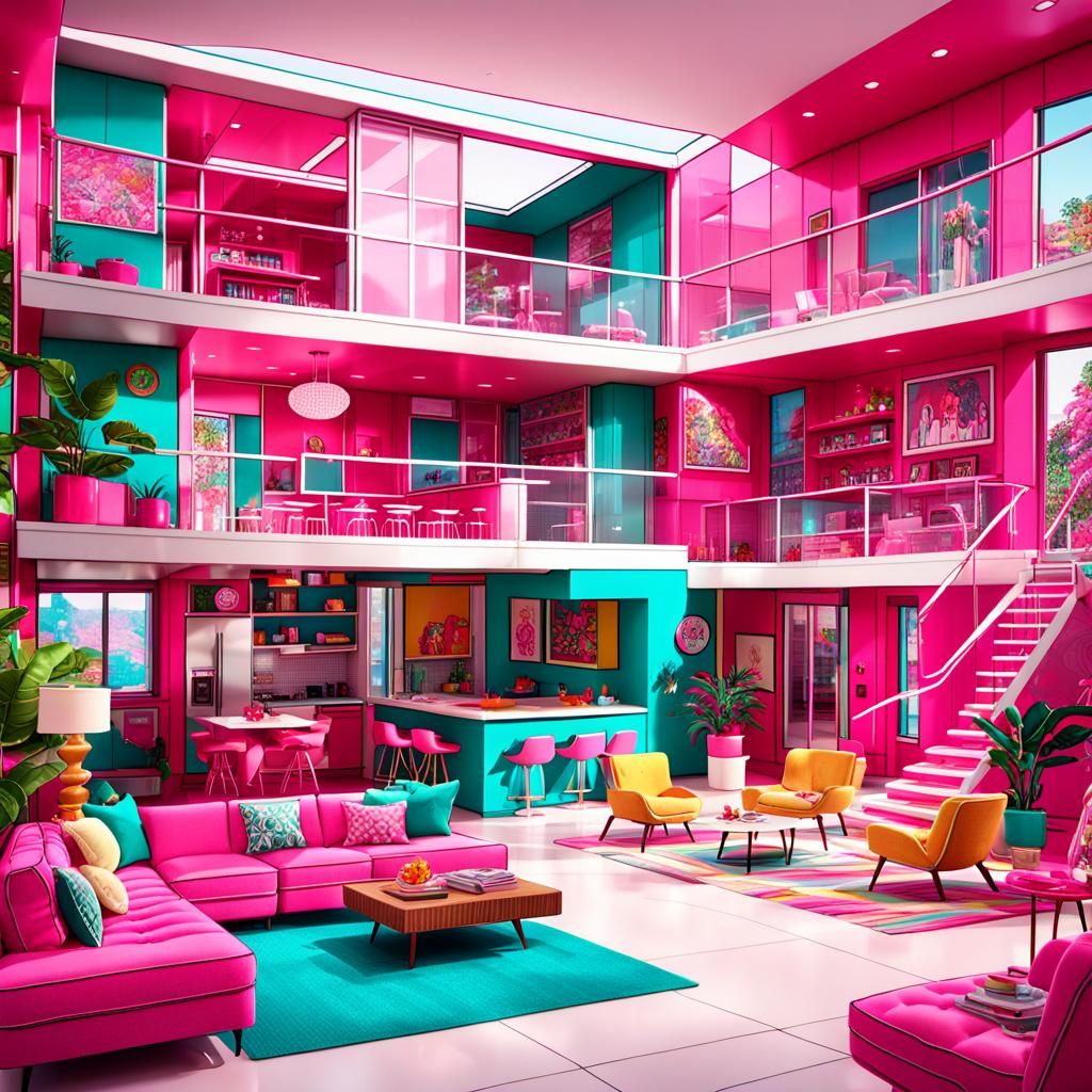 Retro Barbie Dreamhouse Interior in Mid-Century Style