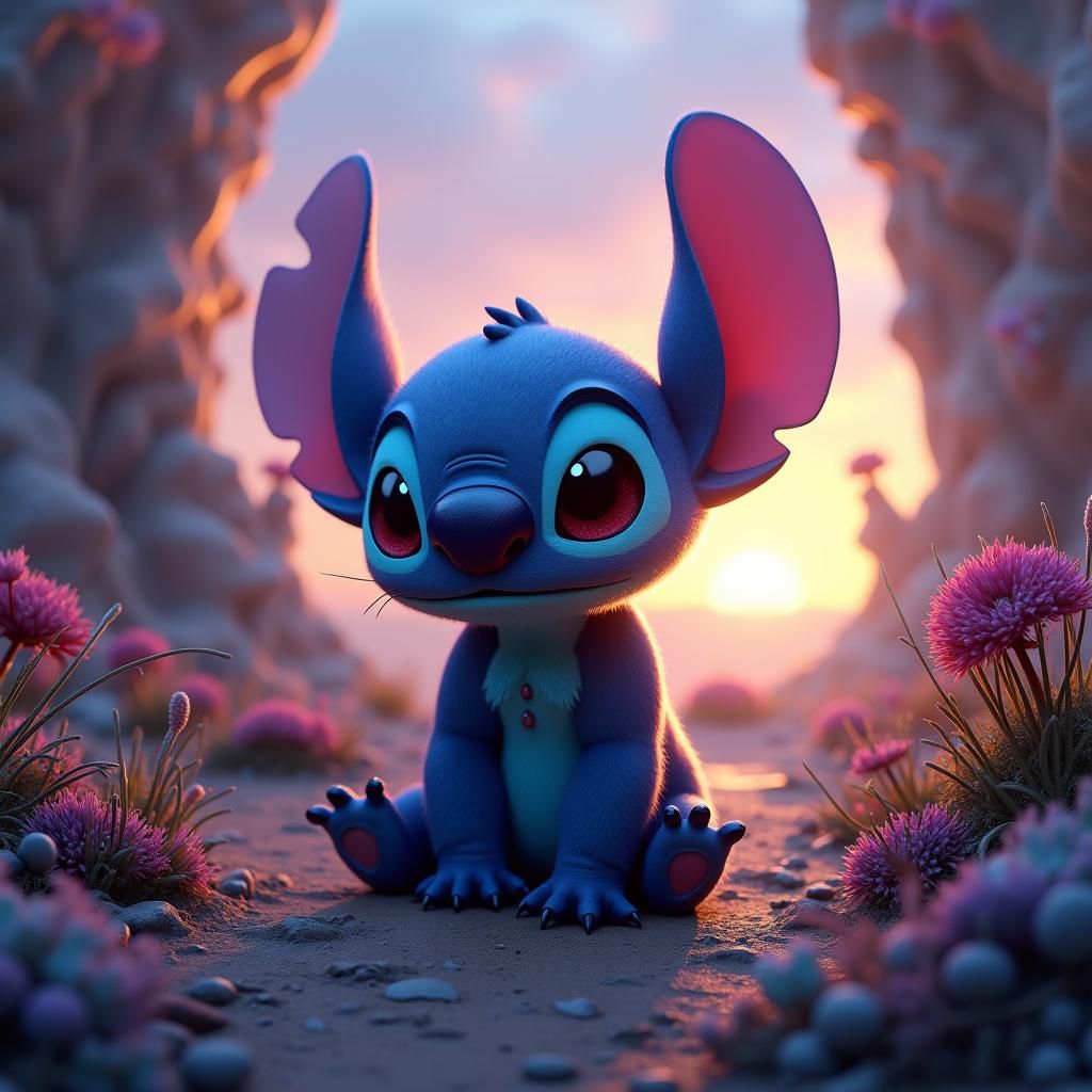 Stitch in Fantasy Landscape, Digital Art