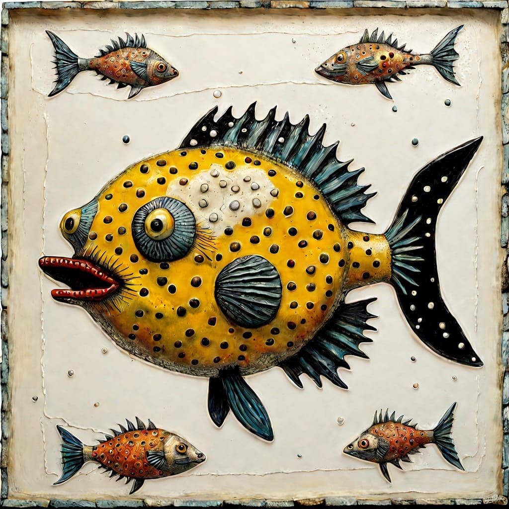 Encaustic Anthropomorphic Puffer Fish in Finster Style
