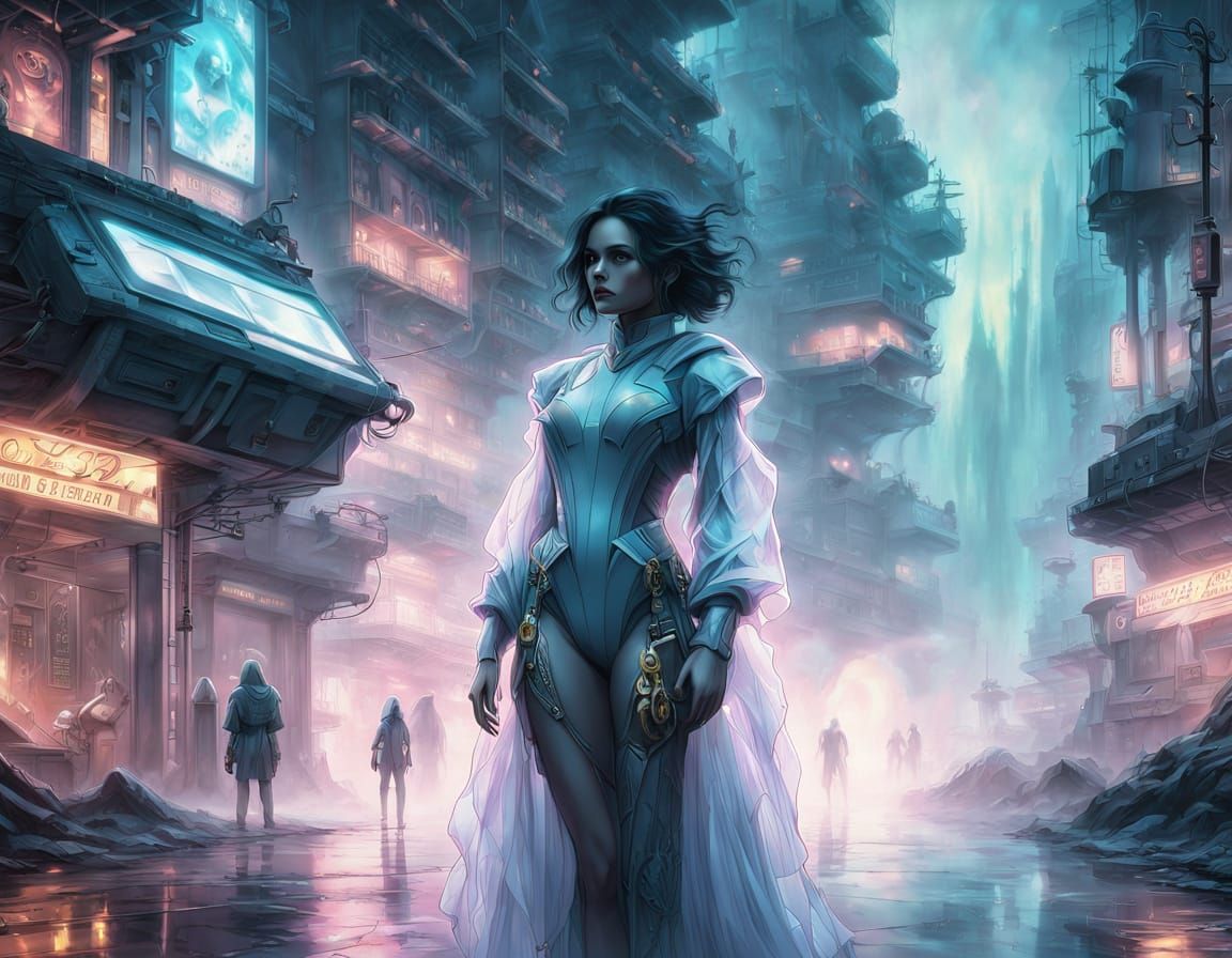 Cyberpunk Fantasy Goddess in Ethereal Cityscape