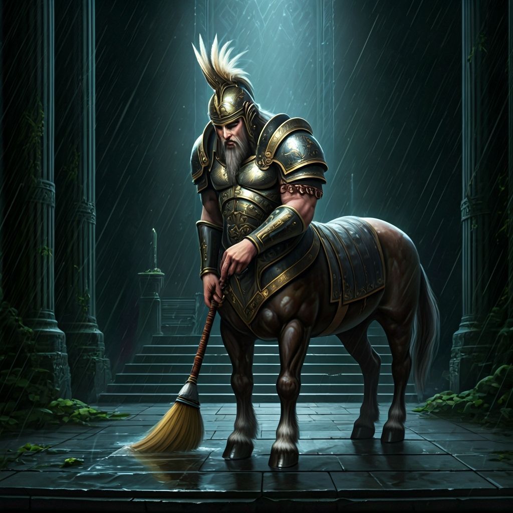 Solemn Centaur Trooper Cleans Forgotten Shrine