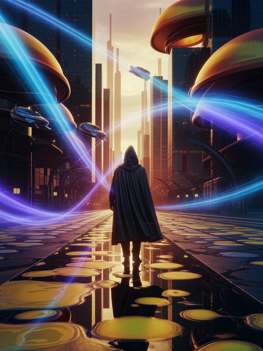 Man in Hooded Cloak in Futuristic Cityscape