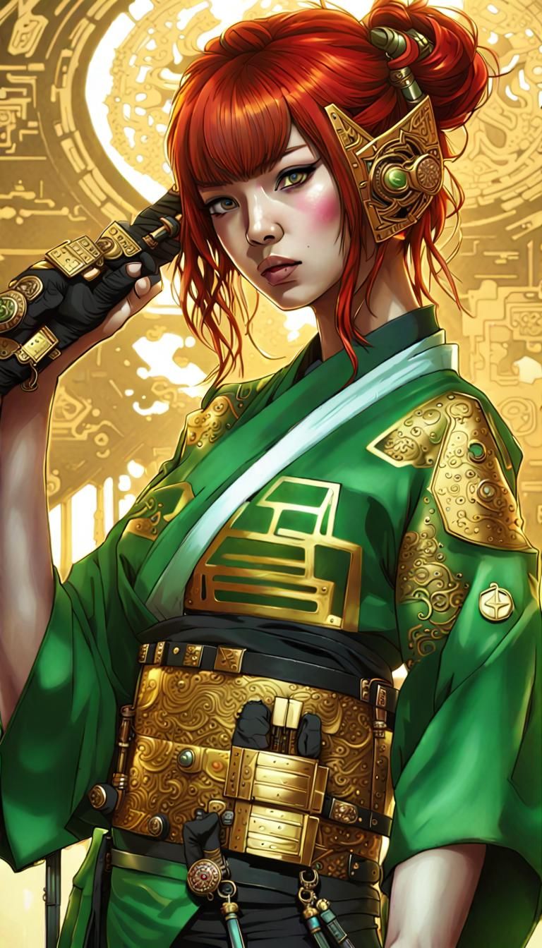 Redhead Assassin with Futuristic Weaponry and Dragons