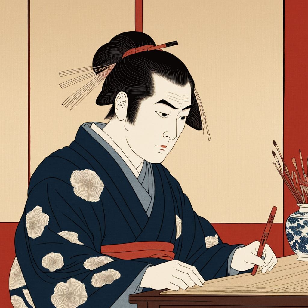 Ukiyo-e Portrait of Toshusai Sharaku in Traditional Japanese...