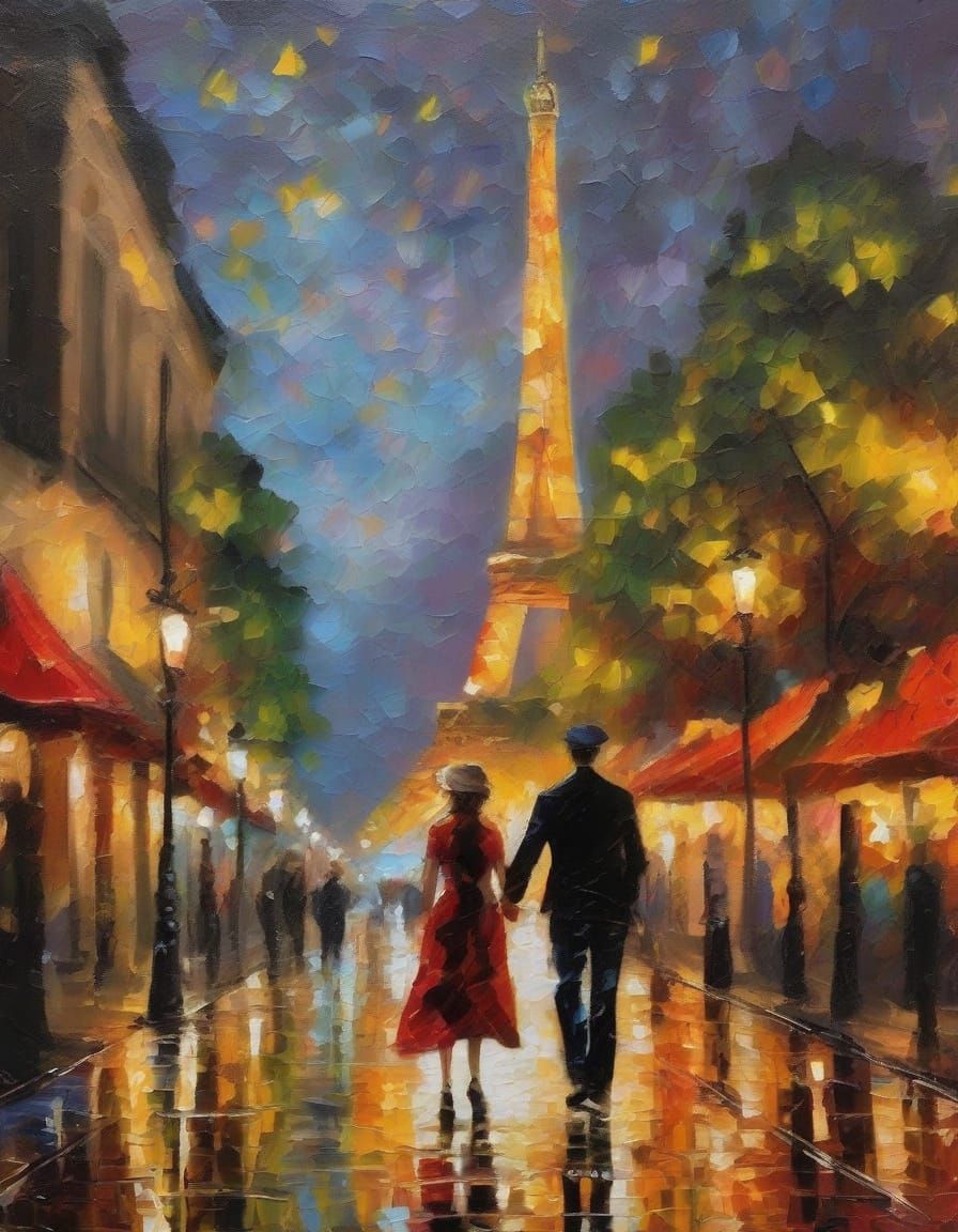 Romantic Paris Night Scene in Impressionist Style