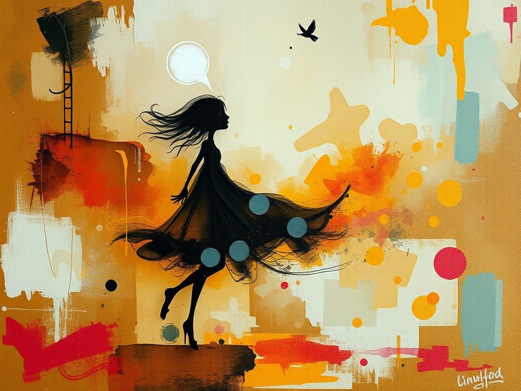 Whimsical Figure in Silky Mist, Inspired by Tachismo