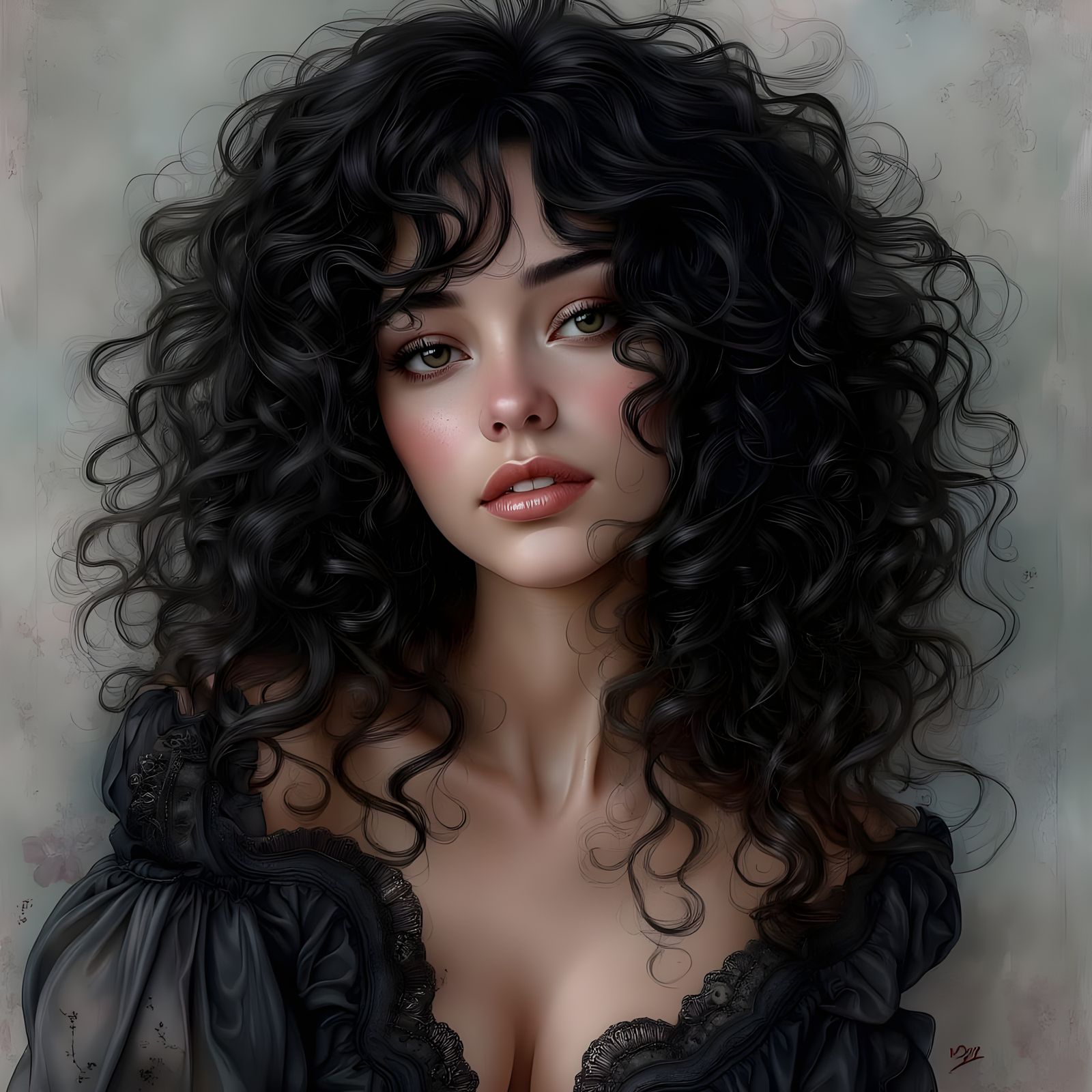 Baroque woman black curly hair