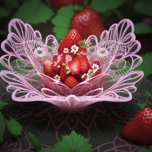 Strawberries and Flowers with Abstract Fractal Design