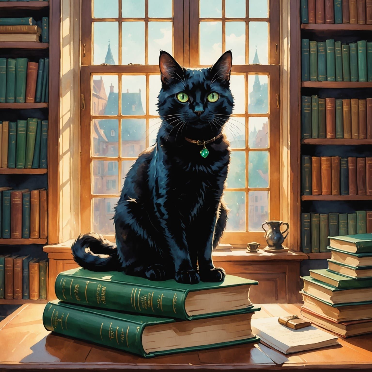 Black Cat in Library, Watercolor Style