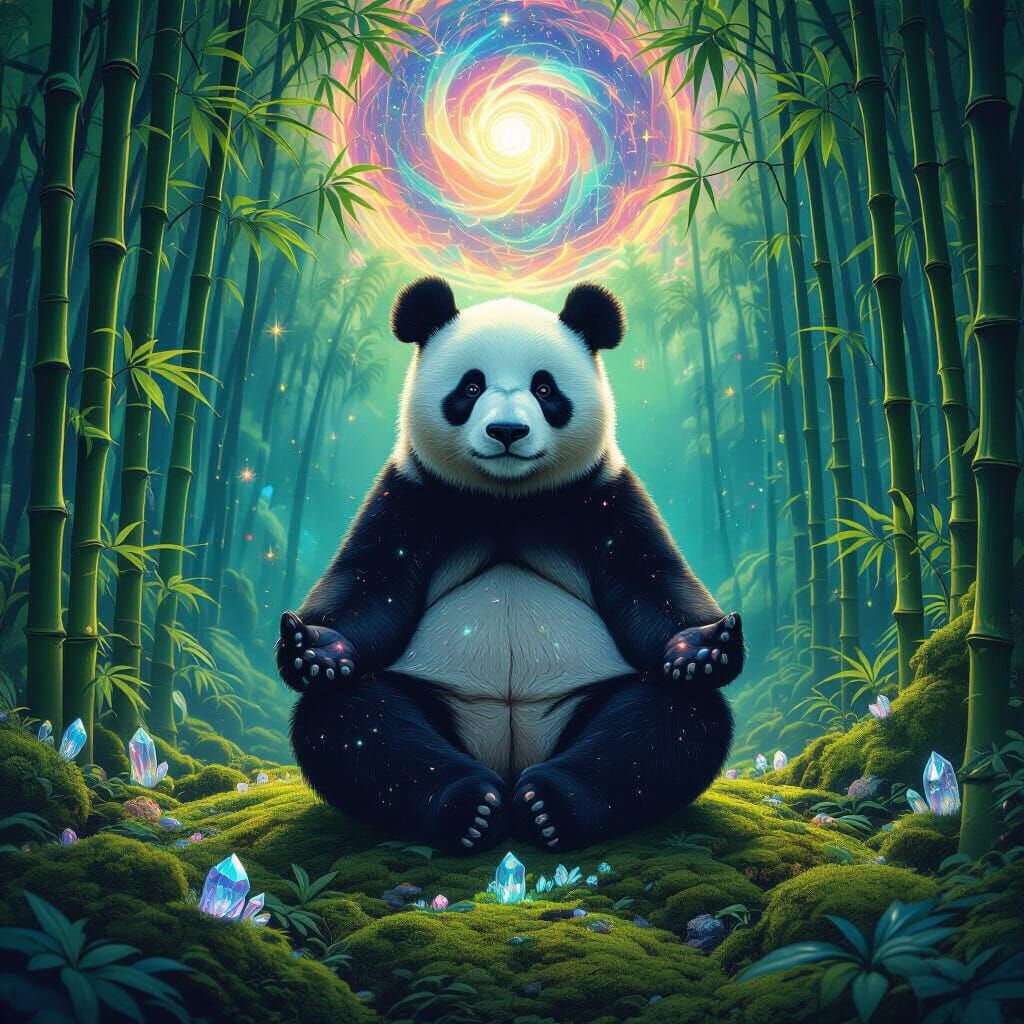 Meditating Panda in Bioluminescent Alien Forest