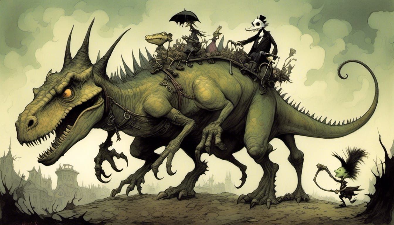 Gothic Dinosaur Illustration in Stop-Motion Style