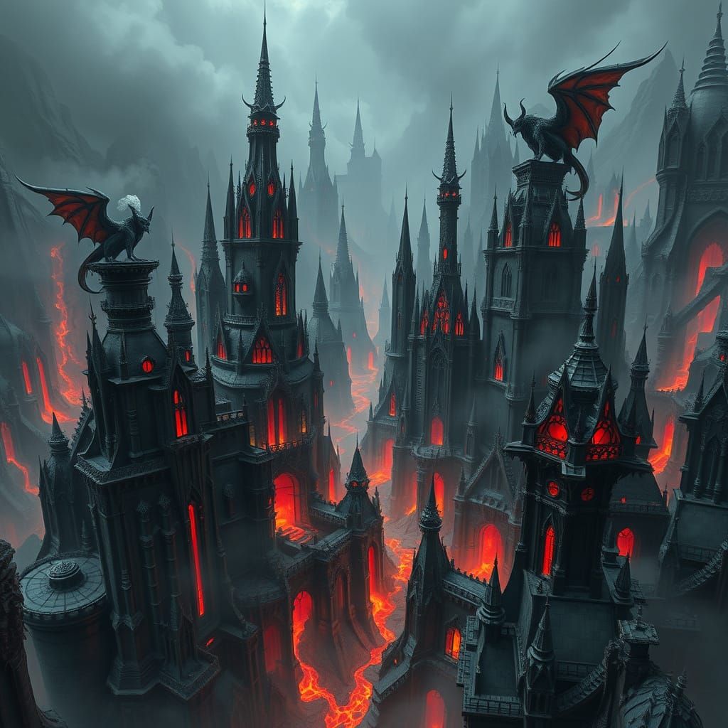 Surreal, Gothic Cityscape of Infernum Profundis in the Earth...
