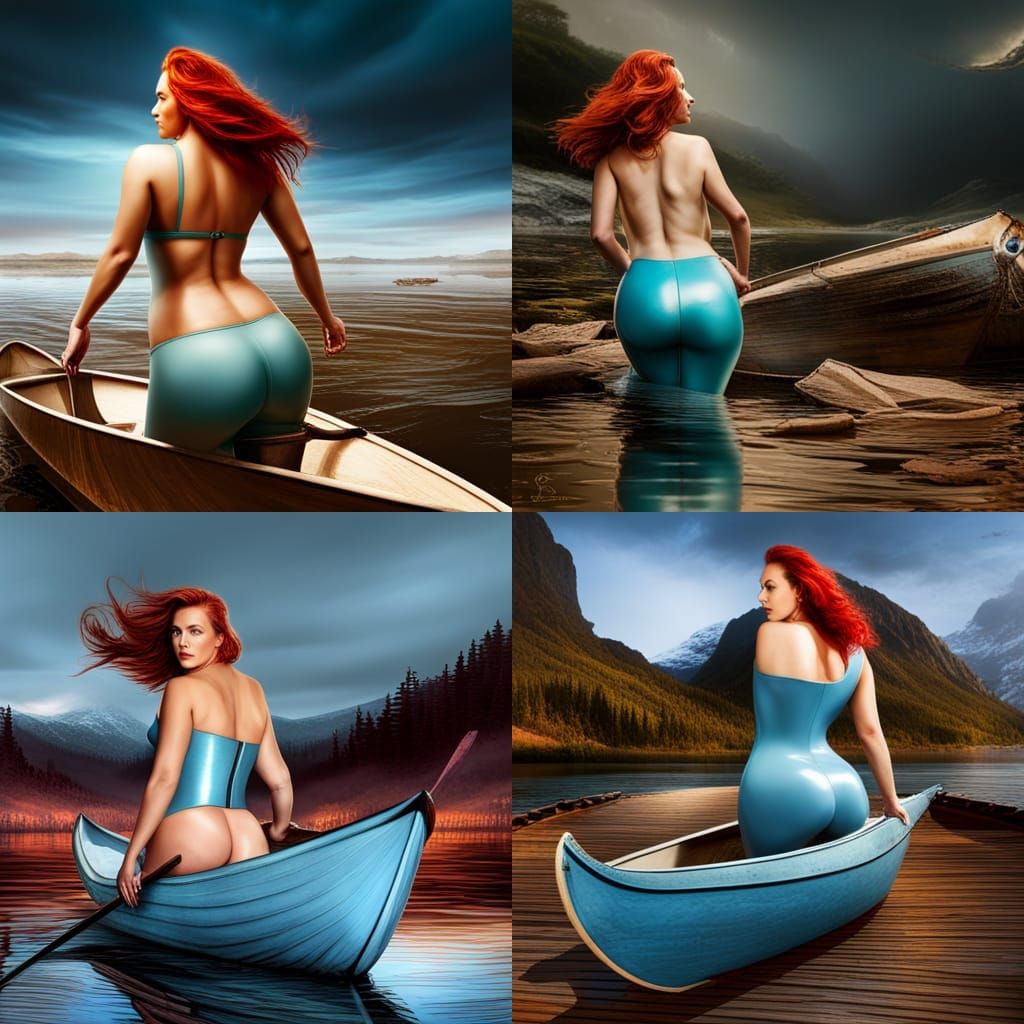 Redhead in Latex Hobbledress on Canoe, Detailed Matte Painti...