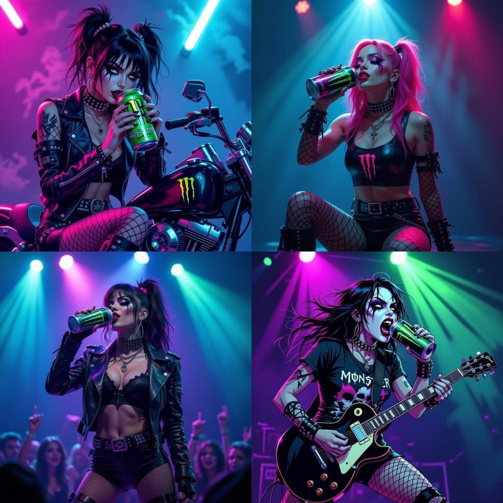 Gothic Rockstar Girl Drinks Energy Drink in Fishnet Leggings