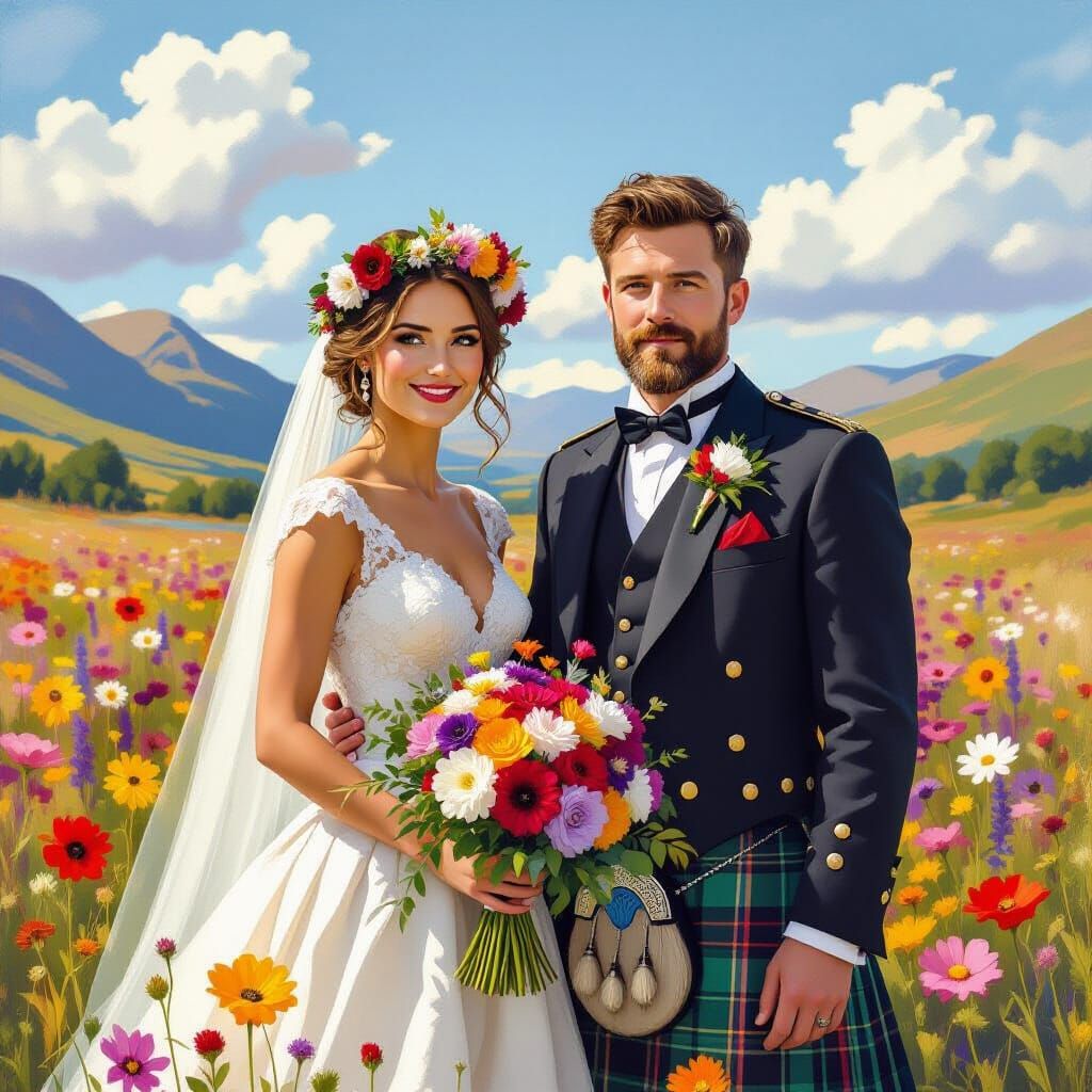 Scottish Highlands Bride and Groom in Floral Field