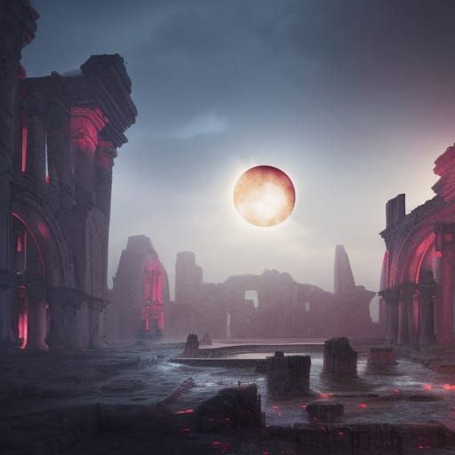 Ancient City Ruins Eclipse: Detailed Matte Painting