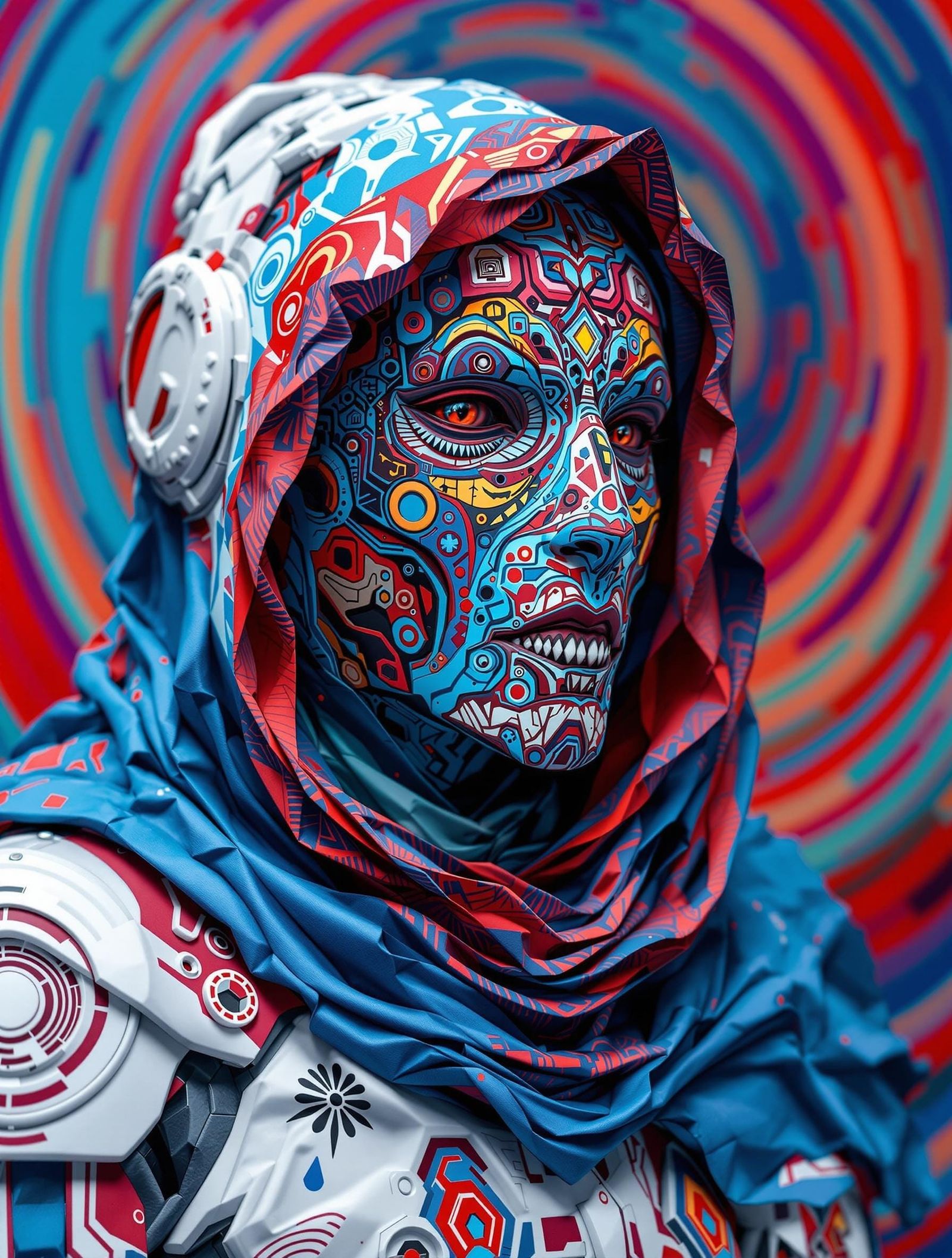 Intricate Biomech Face Sculpture in Op-Art Patterns