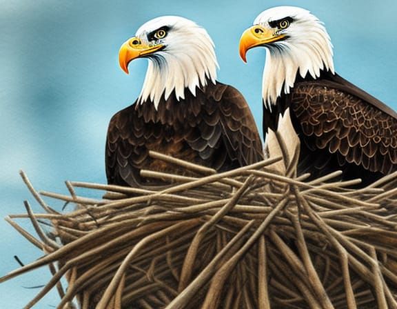 Watercolor Bald Eagles in Nest Digital Painting
