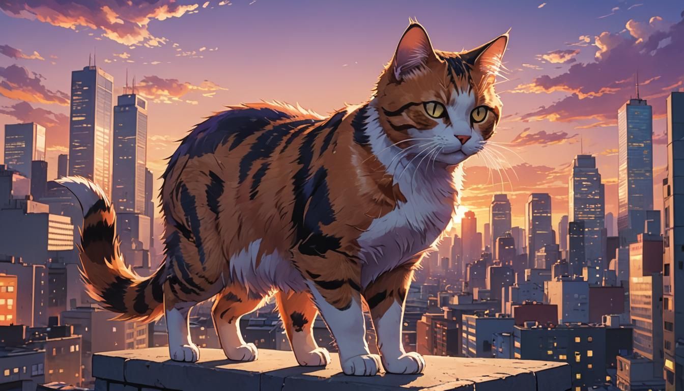Dynamic Cat in City Sunset: Manga Style