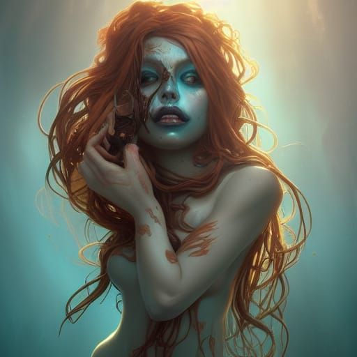 Undead Mermaid Temptress Portrait in Hyperdetailed Style