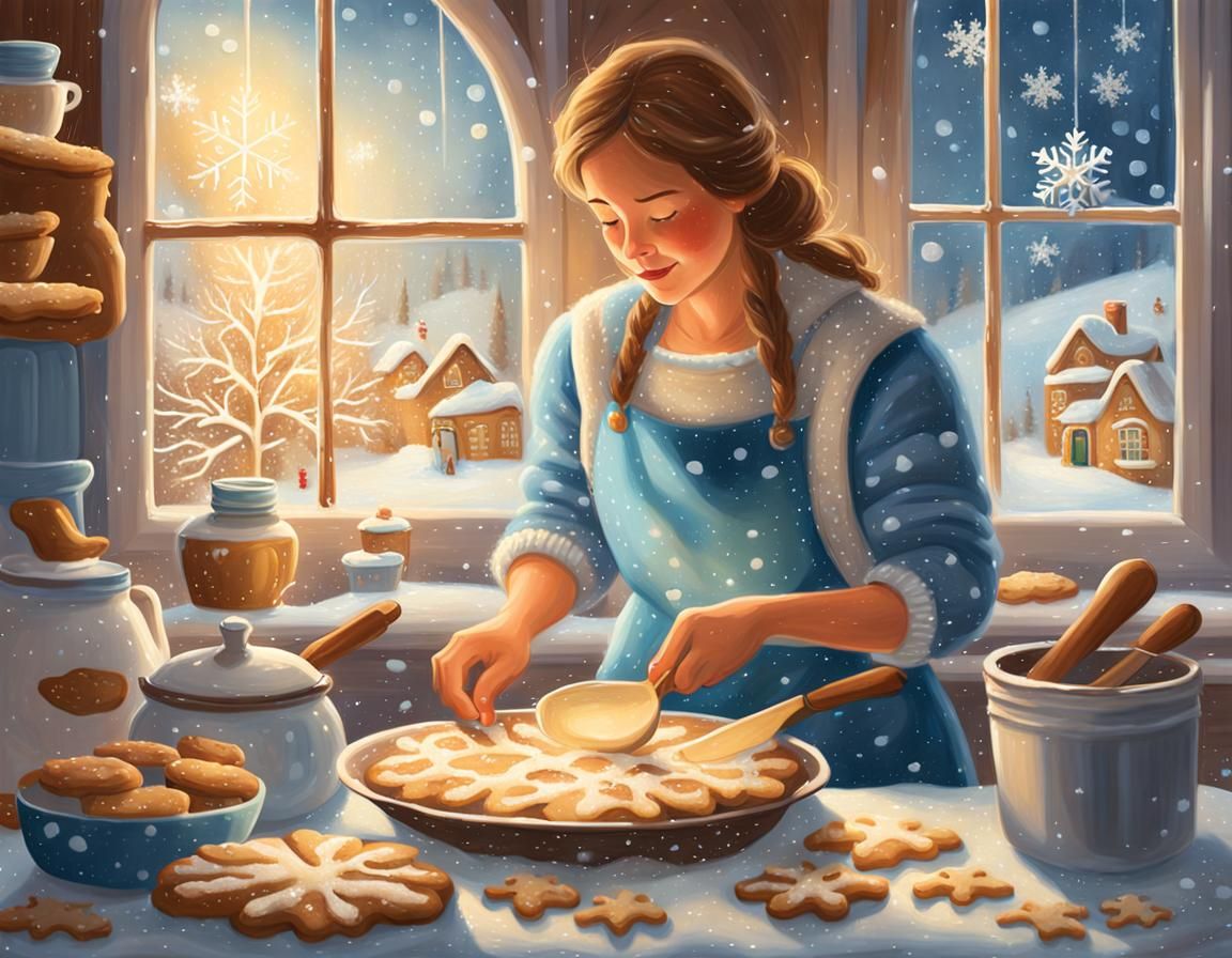 Cozy Winter Kitchen: Woman Baking Cookies in Oil Painting