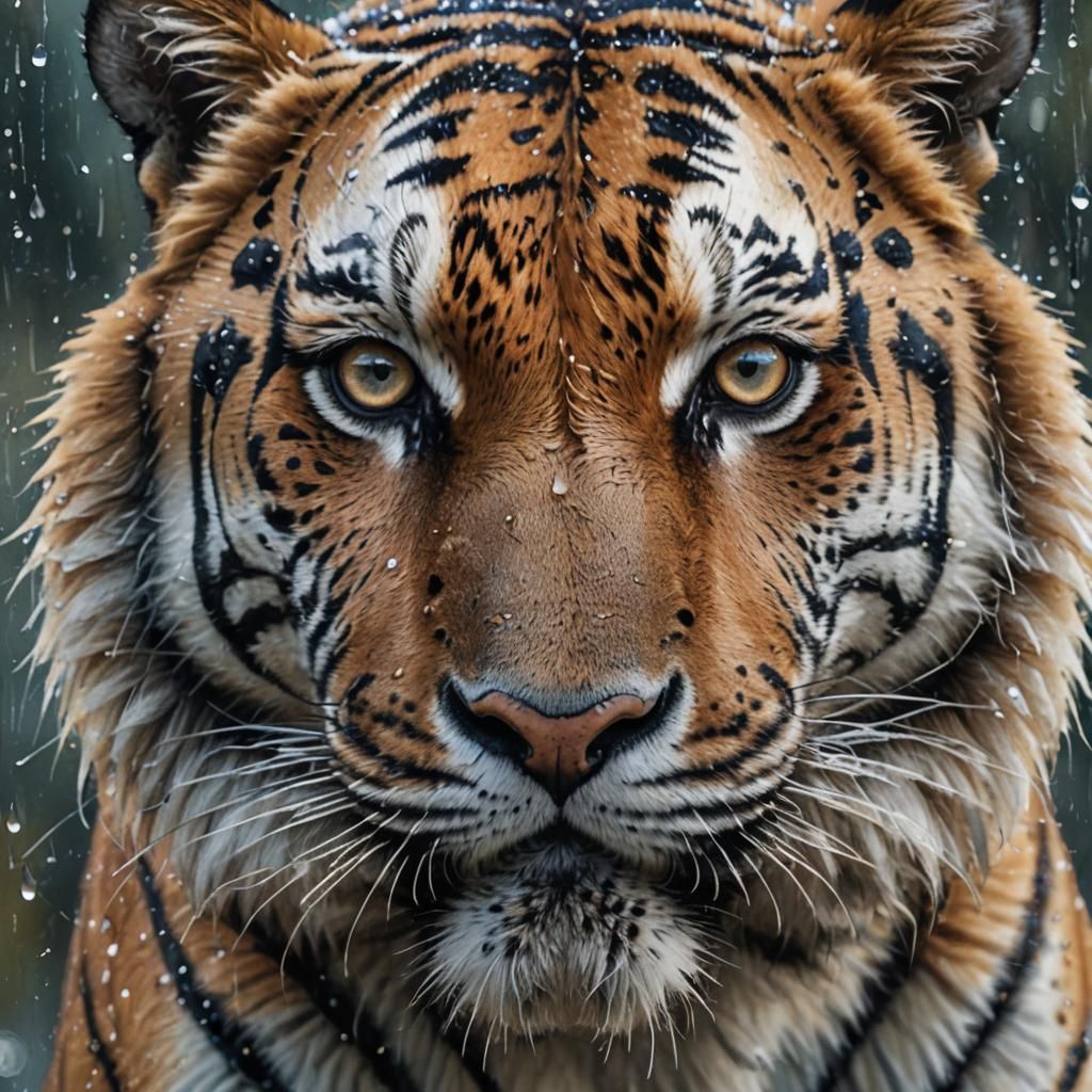 Watercolor Tiger Portrait in Rainy Macro Photography