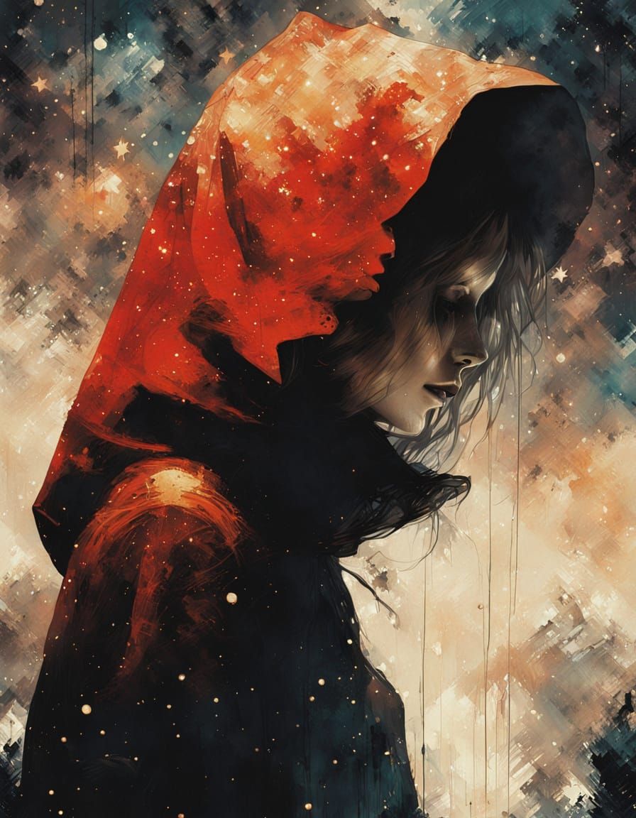 Nightmarish Little Red Riding Hood in Cosmic Sky
