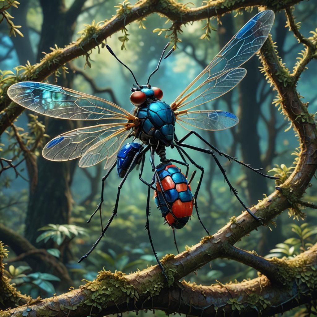 Anime Mosquito Rider on Mossy Branch