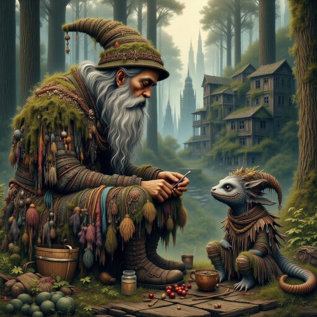 Whimsical Gnome Tends to Injured Dragon in Enchanted Glade