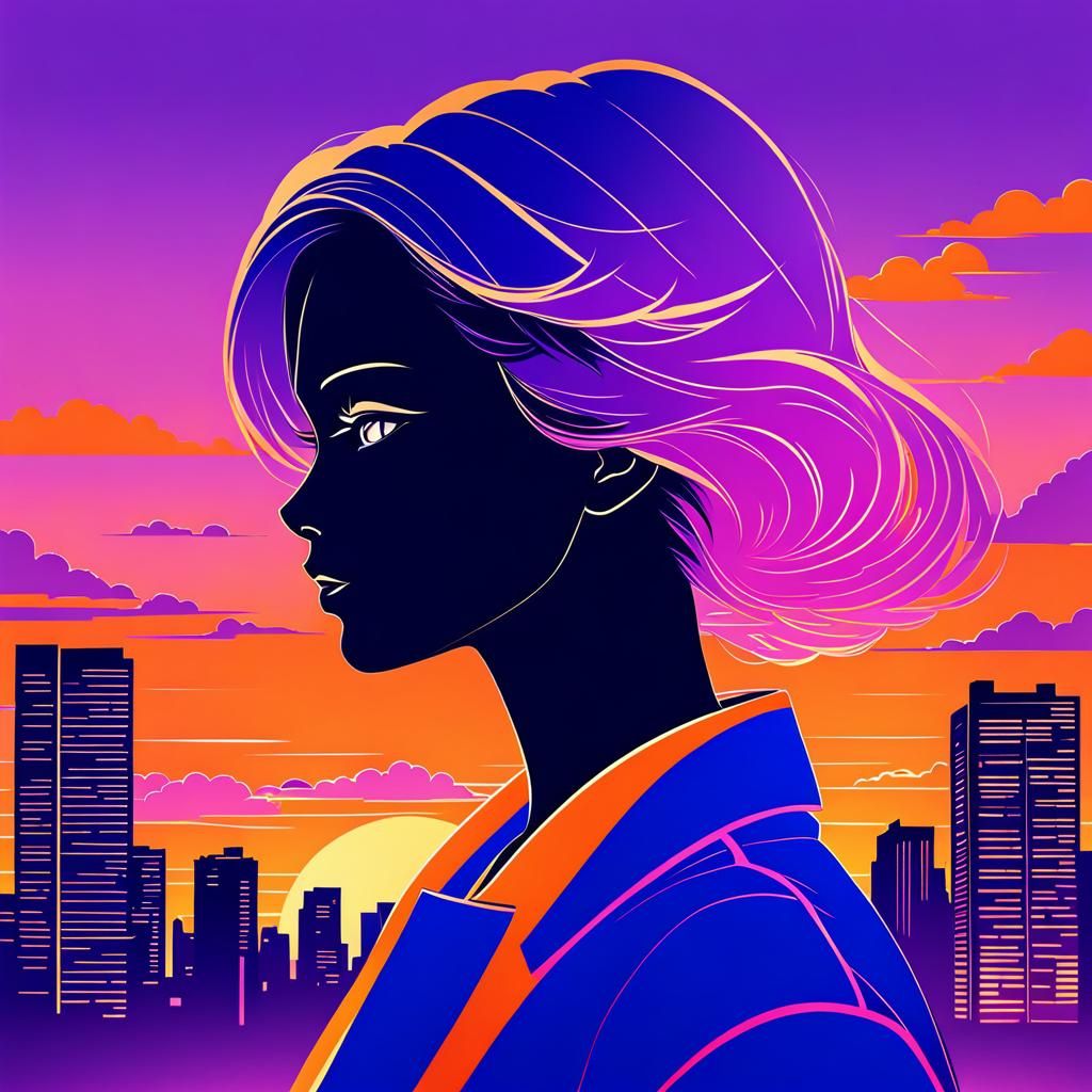 Woman in Cityscape Sunset: Minimalist Pop Art