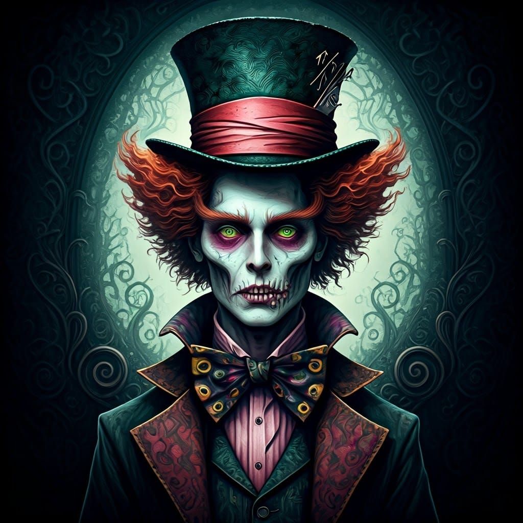 Zombie Mad Hatter: Intricate Ink Illustration in 4K