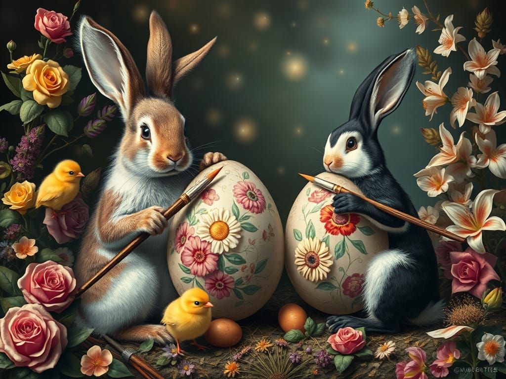 Rabbits and Chicks Painting Easter Eggs in Vintage Style
