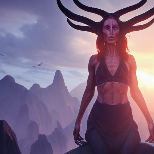 Fitness Woman with Horns Praying on Altar