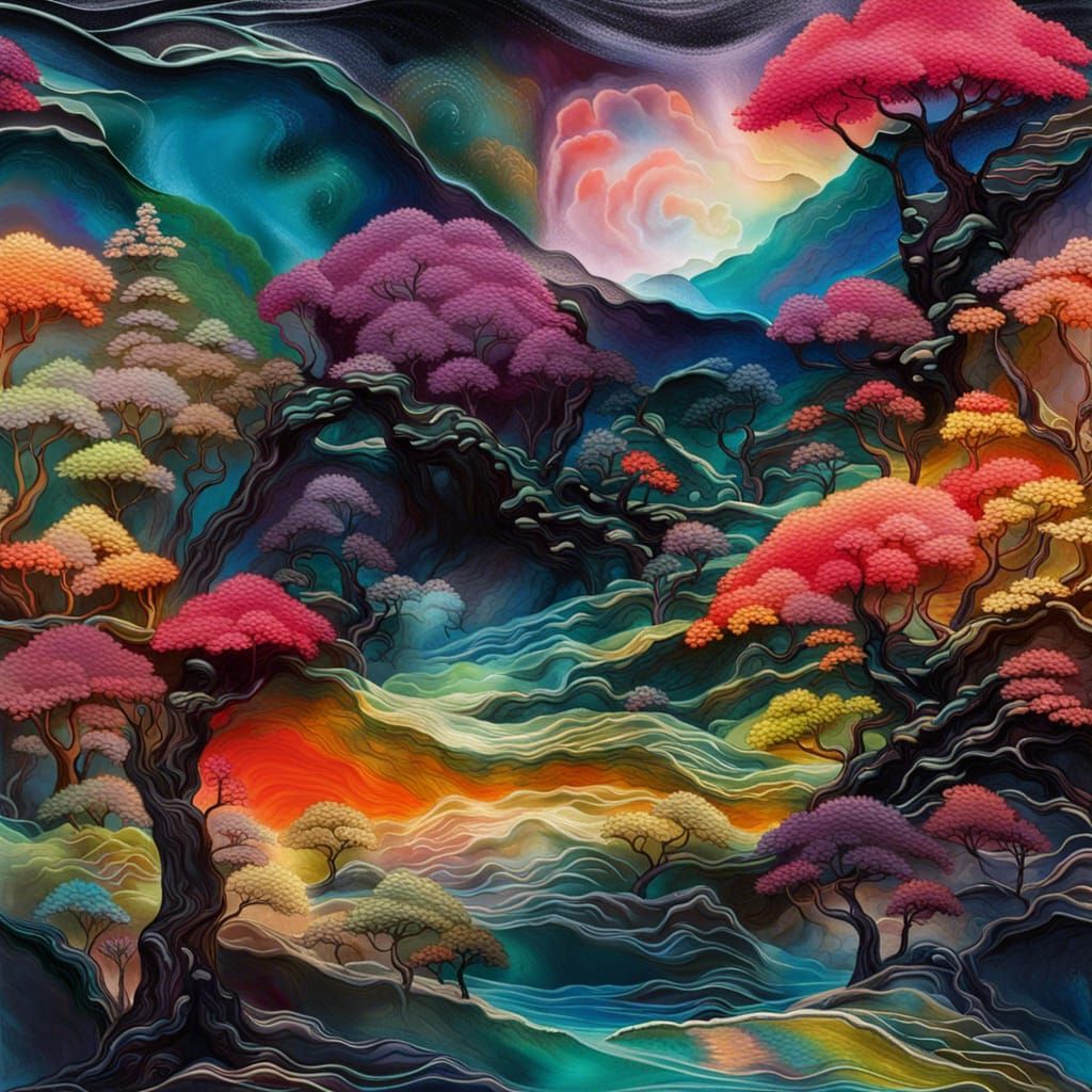 Psychedelic Surrealist Landscape in Resin Painting Style