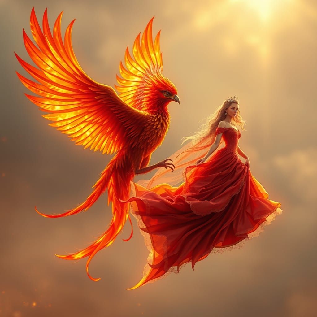 Phoenix and Princess in Flight: A Fantasy Scene