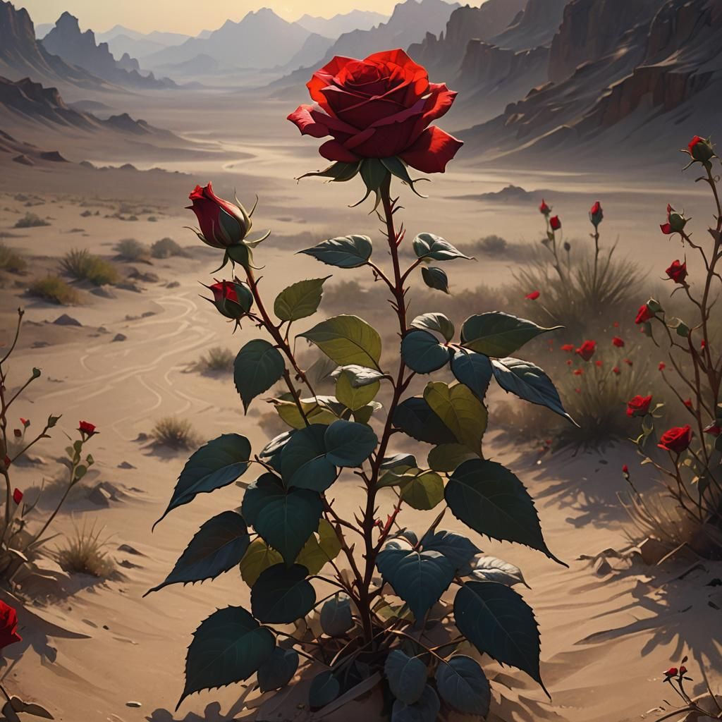 Scarlet Rose Blooms in Desert: Impressionist Concept Art