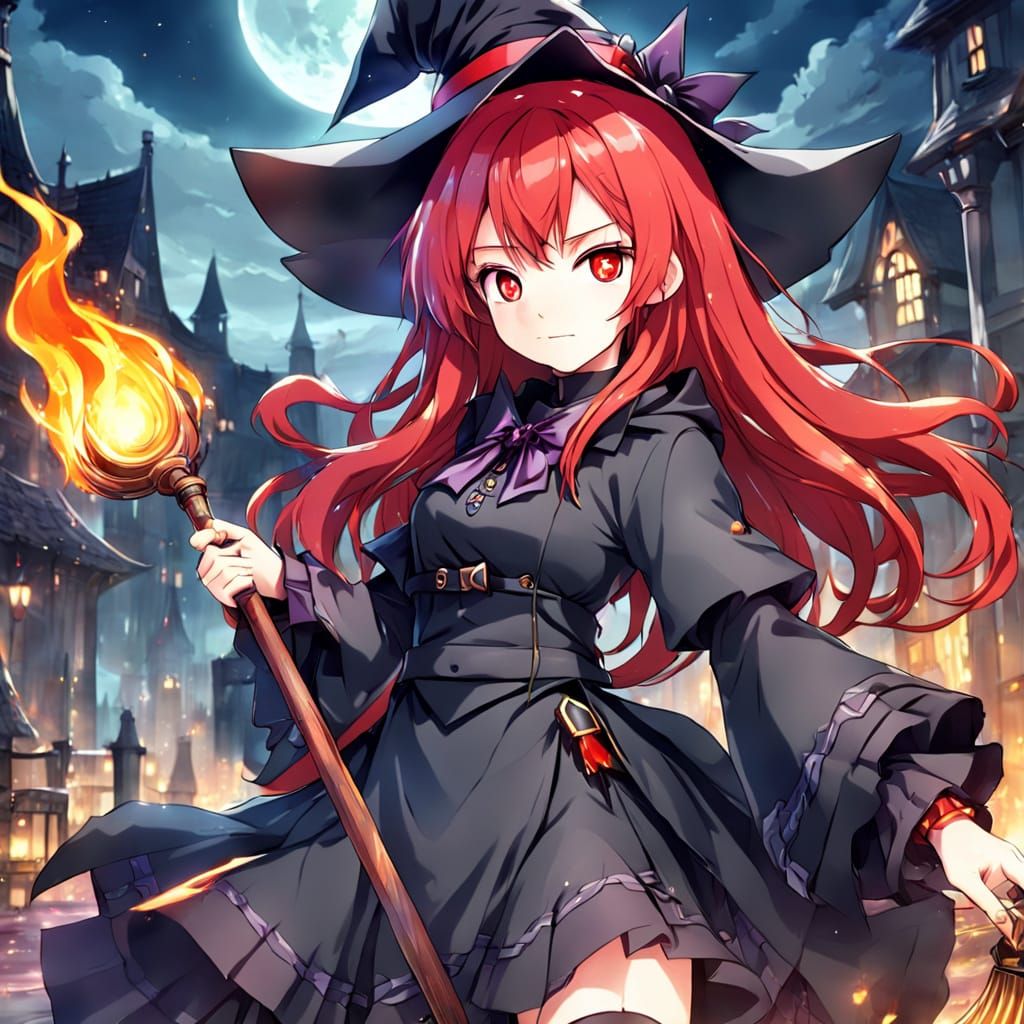 Anime Style Red Haired Witch Girl