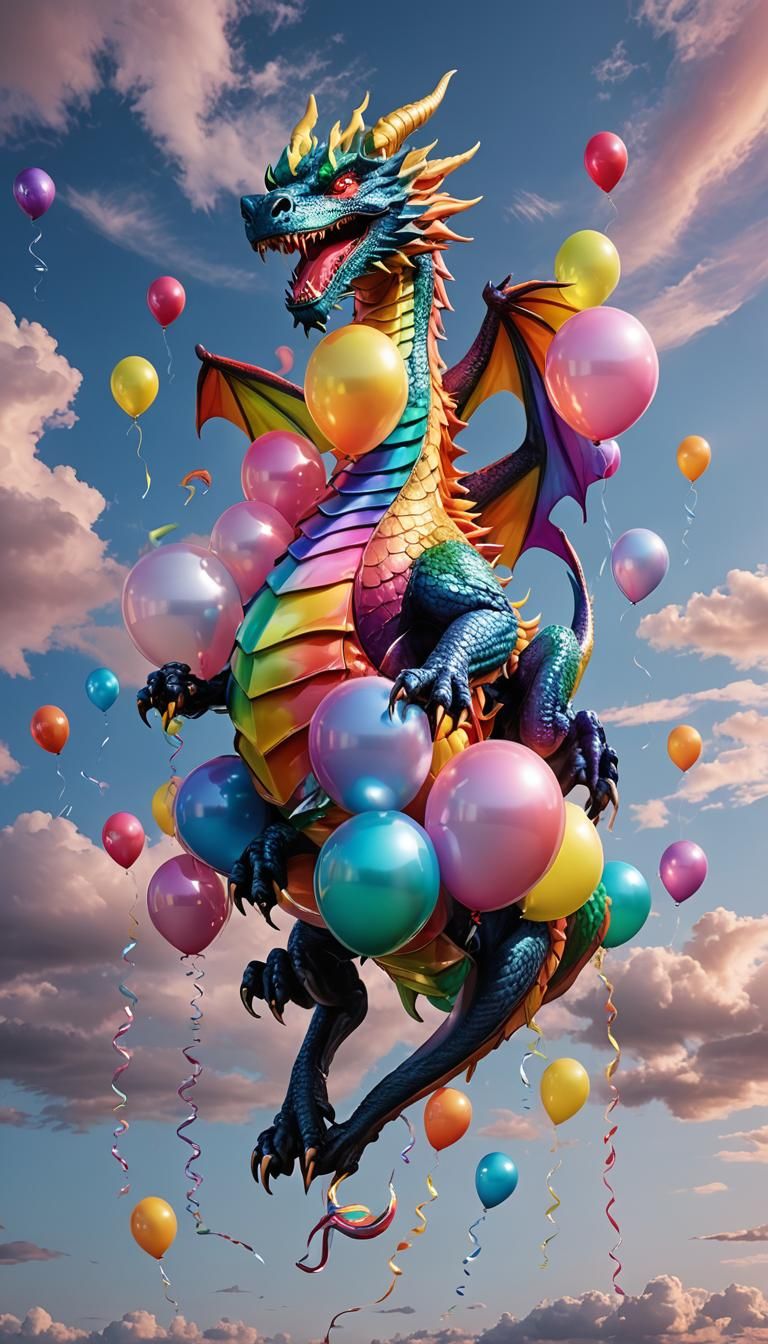 Prismatic Dragon Plays with Balloons in Rainbow Sky