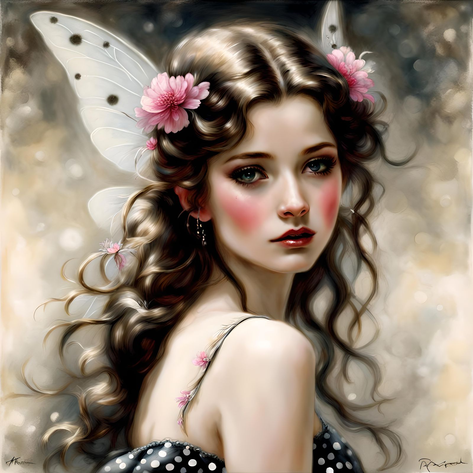 Beautiful fantasy fairy wearing polka dots, full length port...