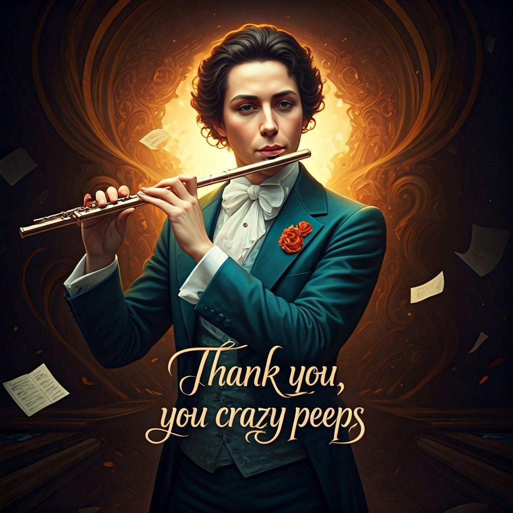 Flutist Surrounded by Floating Notes in Digital Art Style