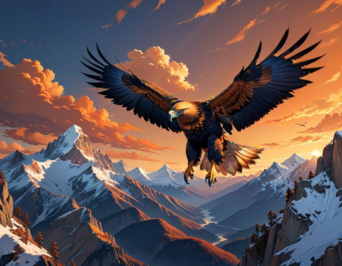 Golden Eagle Soaring Over Mountains in Anime Style