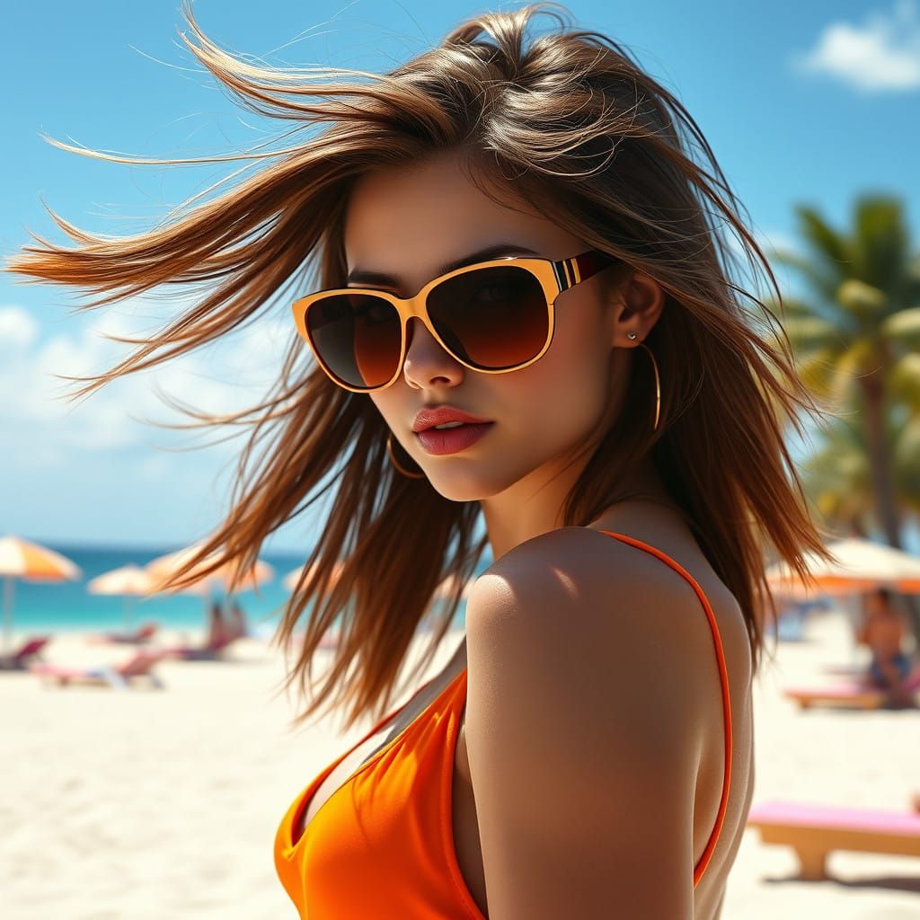 Hyperrealistic Summer Goddess in Vibrant Orange Swimsuit