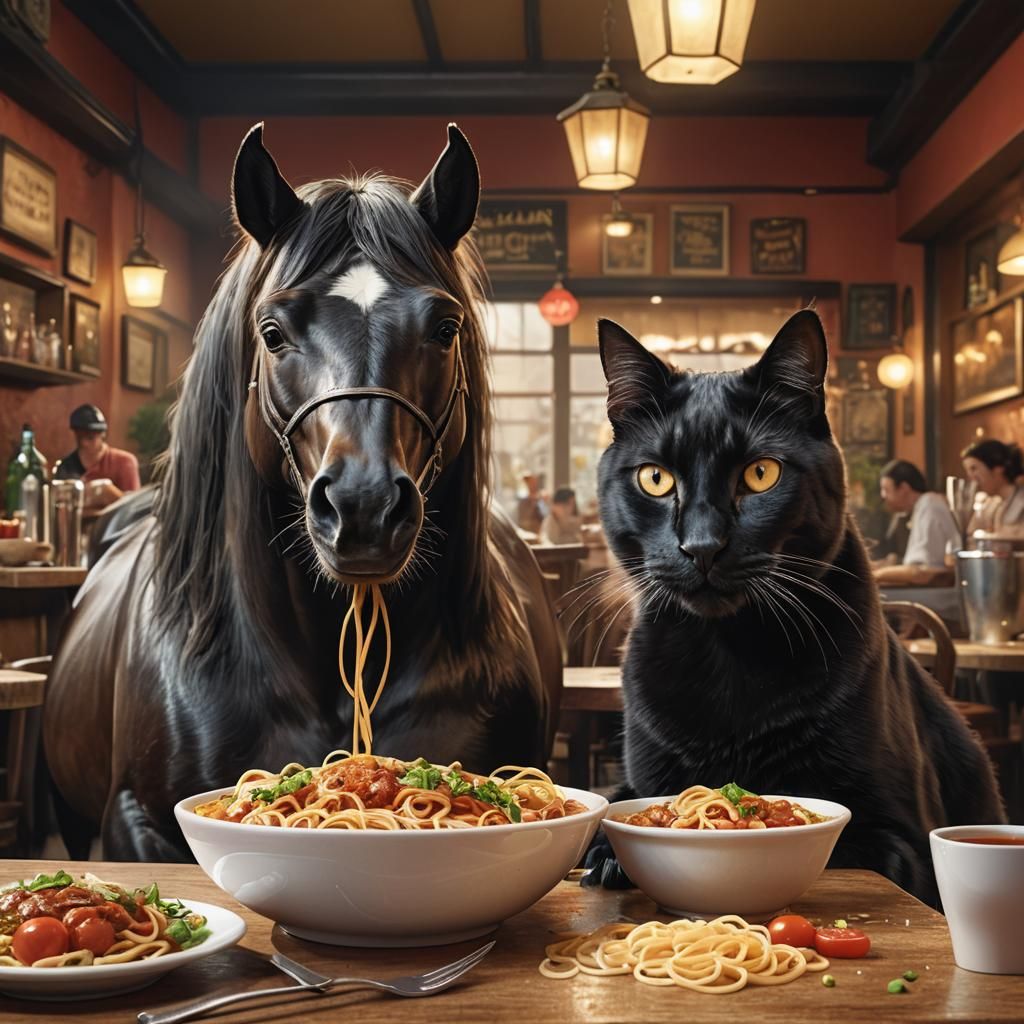 Horses and Cat Share Spaghetti, Digital Concept Art