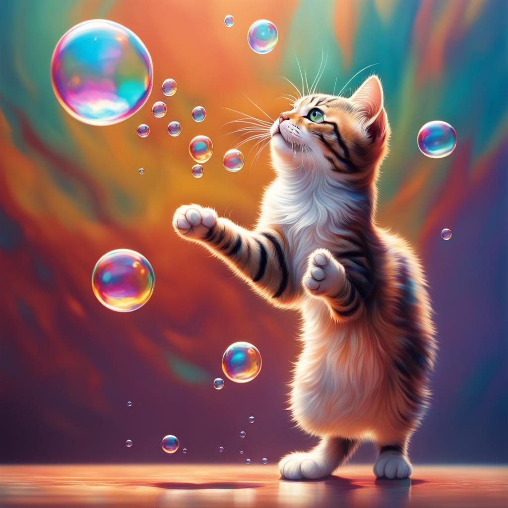 Cat Reaching for Bubble: Hyperrealistic Splash Art